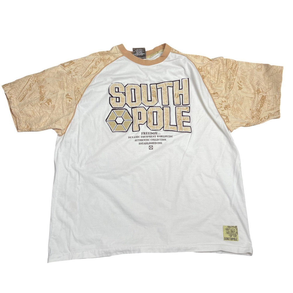 Southpole Aviator T-Shirt Men XXL Raglan Tan Airplane Pilot Spell Out Y2K VTG
